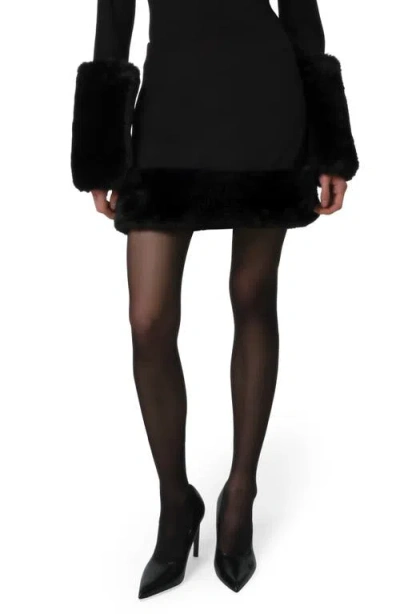 Apparis Meadow Stretch Crepe Miniskirt With Faux Fur Trim In Black
