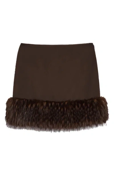 Apparis Meadow Stretch Crepe Miniskirt With Faux Fur Trim In Brown