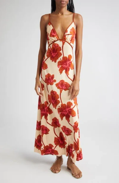 Johanna Ortiz Sendero De Astromelias Floral-print Satin Maxi Dress In Burgundy