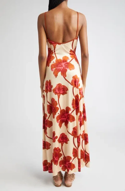 Johanna Ortiz Sendero De Astromelias Floral-print Satin Maxi Dress In Burgundy