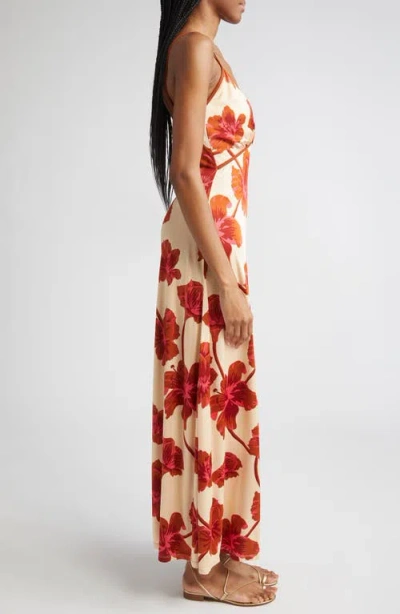 Johanna Ortiz Sendero De Astromelias Floral-print Satin Maxi Dress In Burgundy