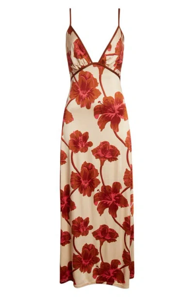 Johanna Ortiz Sendero De Astromelias Floral-print Satin Maxi Dress In Burgundy