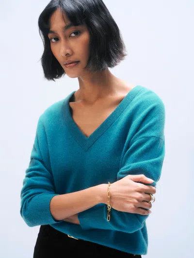 White & Warren Cashmere V Neck In Deepwater Teal