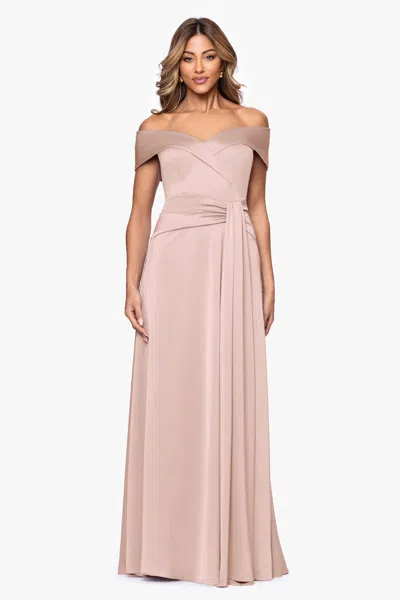 Xscape Evenings Off The Shoulder Hammered Satin Gown In Pink