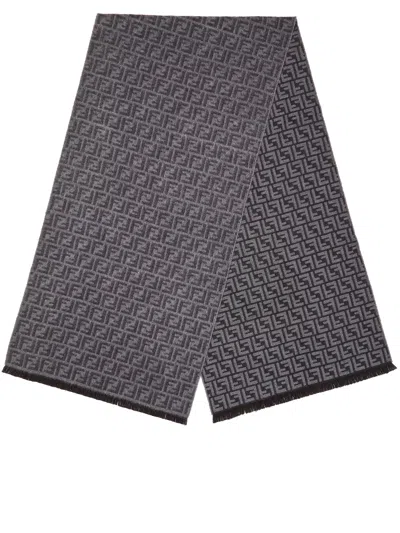 Fendi Monogram Pattern Rectangular Scarf Fringed Edges In Black