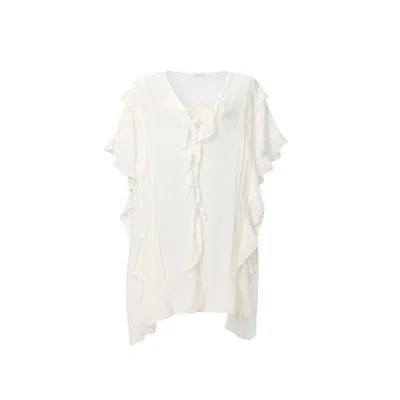 Saachi Women's White Ruffled Button Ivory Kaftan Cover Up In White