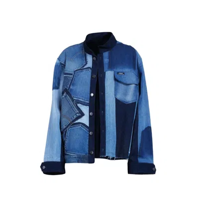 Story Wear Women's Blue Denim Stand-collar Patchwork Jacket In Blue