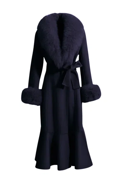 Hortons England Women's Blue Westminster Cashmere Peplum Coat Navy Faux Fur In Blue