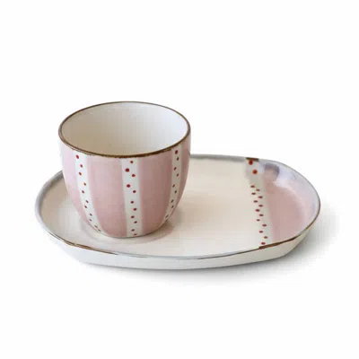 Lali Design Studio Pink / Red / White Enjoy Blush Dots Espresso Cup And Snack Plate Set Porcelain In Multi
