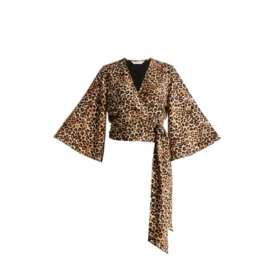 Paisie Women's Brown Kimono Wrap Blouse In Leopard Print In Brown