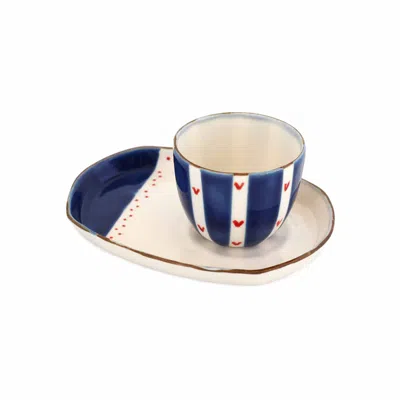 Lali Design Studio Blue / Red / White Enjoy Navy Hearts Coffee Cup And Snack Plate Set Porcelain In Multi