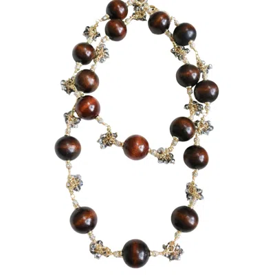 Taylor Reese Women's Gold / Grey / Brown Wood + Crystal Long Beaded Necklace