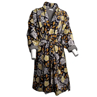 Babs Boutique Nyc Women's Black / Gold / White Babs Lush Velvet Robe - Black Floral Print In Multi