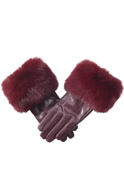 Hortons England Women's Red Leather Burgundy Gloves With Faux Fur In Red
