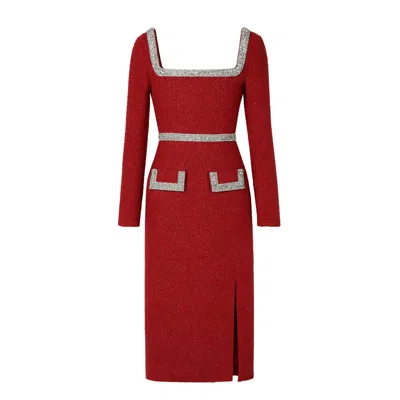 Hortons England Women's Red Serena Burgundy Tweed Embellished Dress In Red