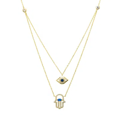 Latelita Women's Blue / Gold / White Hamsa Hand And Evil Eye Layered Necklace Gold In Multi