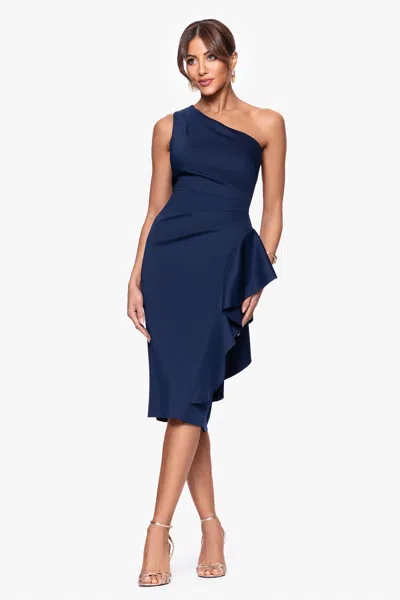 Xscape Evenings Petite "carrie" Techno Scuba One Shoulder Knee Length Ruffle Dress In Blue