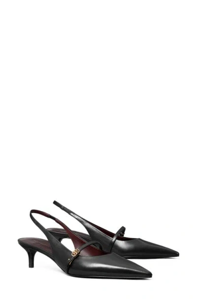 Tory Burch Double T Buckle Slingback Kitten Heel Sandals In Black