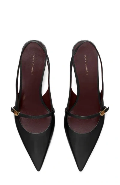 Tory Burch Double T Buckle Slingback Kitten Heel Sandals In Black