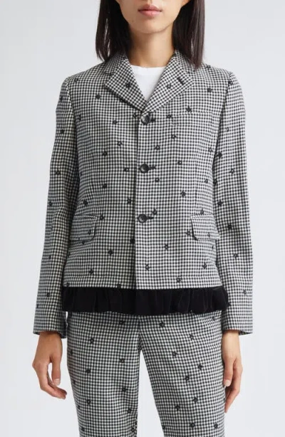 Comme Des Garcons Girl Comme Des Garçons Girl Floral Embroidered Gingham Tropical Weight Wool Blend Blazer With Velvet Ruff In Gray