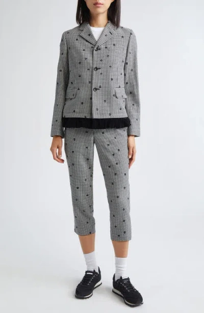 Comme Des Garcons Girl Comme Des Garçons Girl Floral Embroidered Gingham Tropical Weight Wool Blend Blazer With Velvet Ruff In Gray