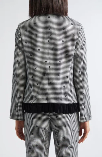 Comme Des Garcons Girl Comme Des Garçons Girl Floral Embroidered Gingham Tropical Weight Wool Blend Blazer With Velvet Ruff In Gray