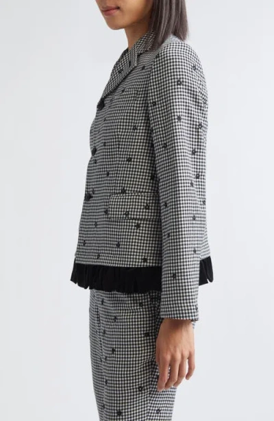 Comme Des Garcons Girl Comme Des Garçons Girl Floral Embroidered Gingham Tropical Weight Wool Blend Blazer With Velvet Ruff In Gray