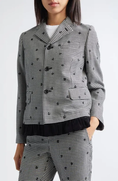 Comme Des Garcons Girl Comme Des Garçons Girl Floral Embroidered Gingham Tropical Weight Wool Blend Blazer With Velvet Ruff In Gray