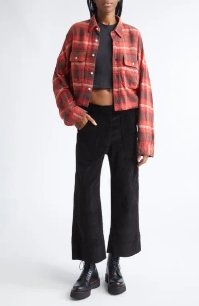 R13 Plaid Cotton Flannel Crop Work Shirt