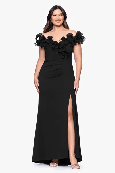 Xscape Evenings Ruffle Scuba Knit Sheath Gown In Black