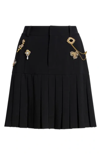 Cinq À Sept Brooch Embellished Pleated Miniskirt In Black