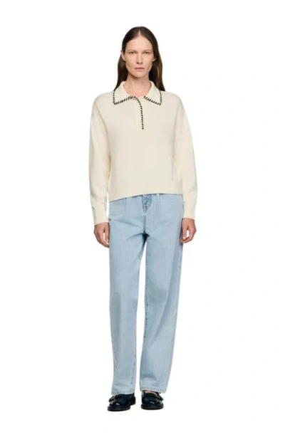 Sandro Contrast Polo-neck Knit Sweater In Neutral
