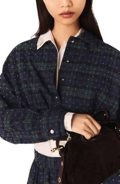 Maje Checked Rhinestone Cropped Shirt In Blue
