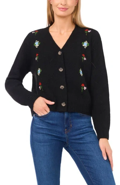Cece Floral Embroidered Pointelle Stitch Cardigan In Black