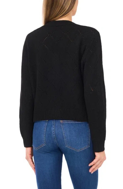 Cece Floral Embroidered Pointelle Stitch Cardigan In Black