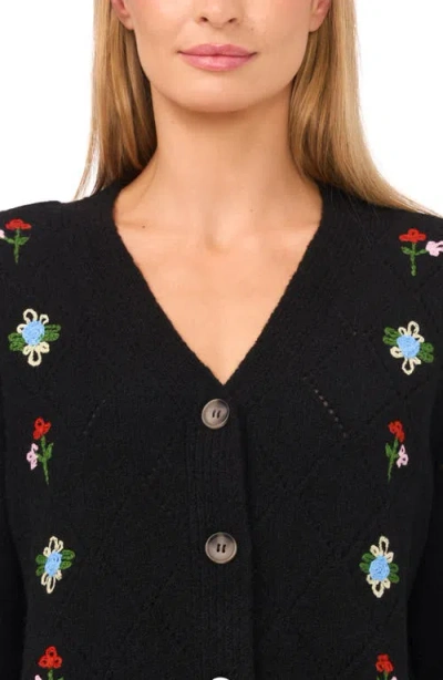 Cece Floral Embroidered Pointelle Stitch Cardigan In Black