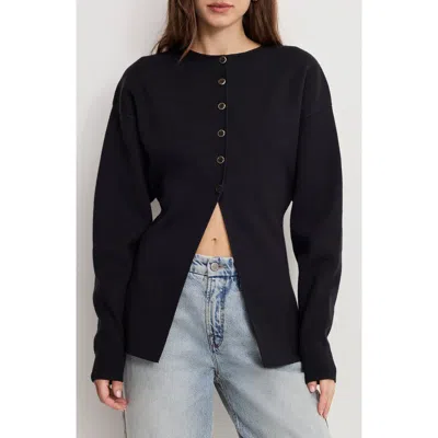 Good American Split Front Button Up Sweater In Black