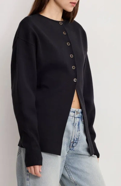 Good American Split Front Button Up Sweater In Black
