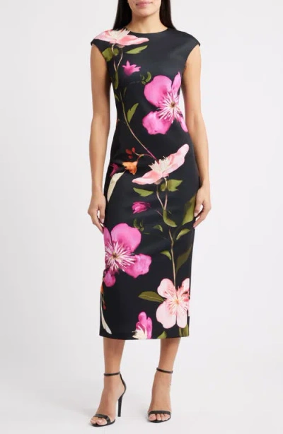 Vince Camuto Floral Cap Sleeve Sheath Midi Dress In Black