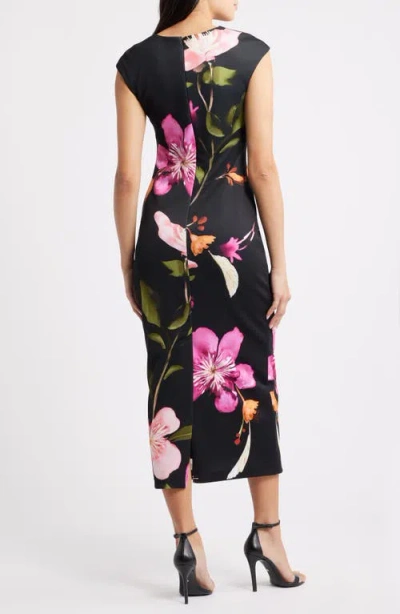 Vince Camuto Floral Cap Sleeve Sheath Midi Dress In Black
