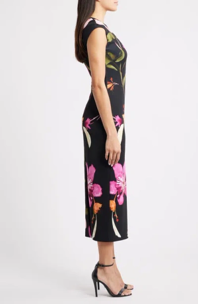 Vince Camuto Floral Cap Sleeve Sheath Midi Dress In Black