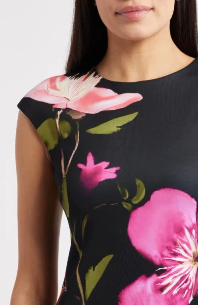 Vince Camuto Floral Cap Sleeve Sheath Midi Dress In Black