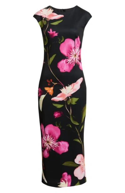 Vince Camuto Floral Cap Sleeve Sheath Midi Dress In Black