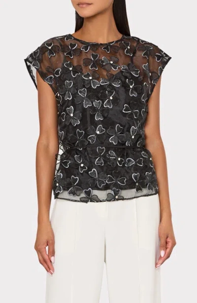 Milly Ryan Clover Bow Rhinestone Organza Top In Black