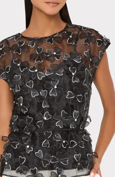 Milly Ryan Clover Bow Rhinestone Organza Top In Black