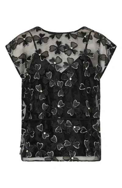 Milly Ryan Clover Bow Rhinestone Organza Top In Black