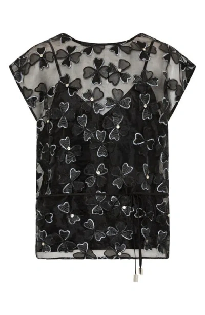 Milly Ryan Clover Bow Rhinestone Organza Top In Black