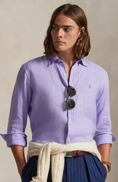 Polo Ralph Lauren Solid White Linen Button-down Shirt In Purple