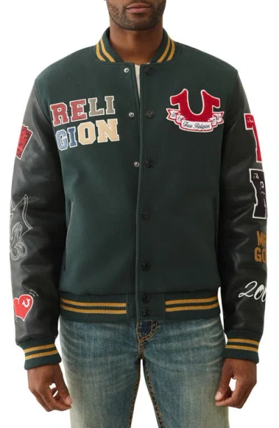 True Religion Cat Varsity Jacket In Green