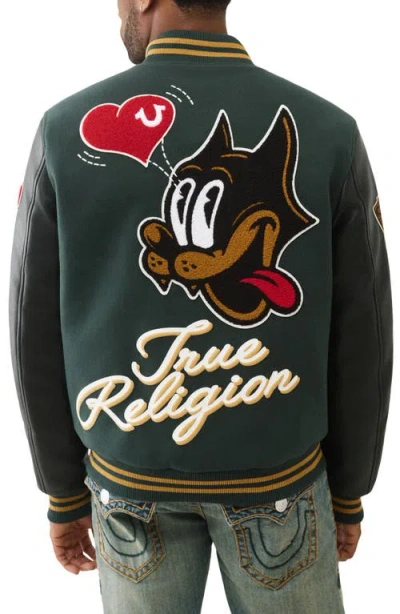 True Religion Cat Varsity Jacket In Green